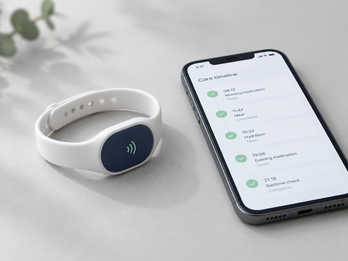 TapHalo Care Bracelet beside a phone showing a private care timeline